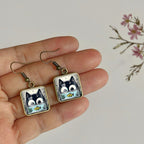 Square Cat And Fish Glass Drop Earrings