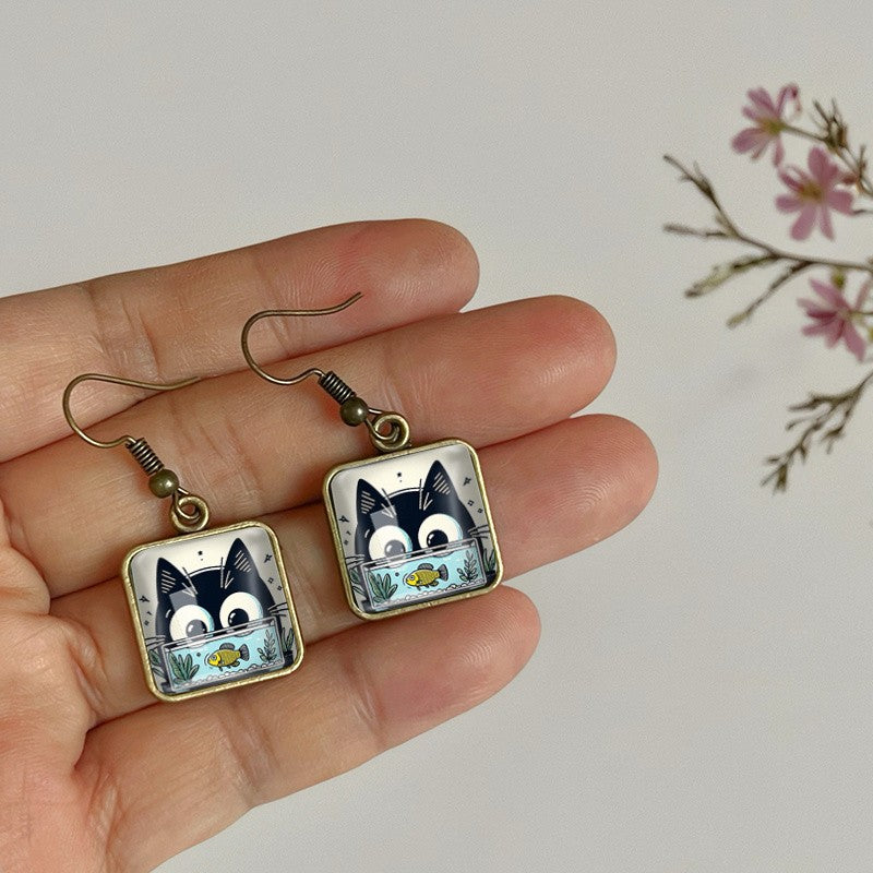 Square Cat And Fish Glass Drop Earrings