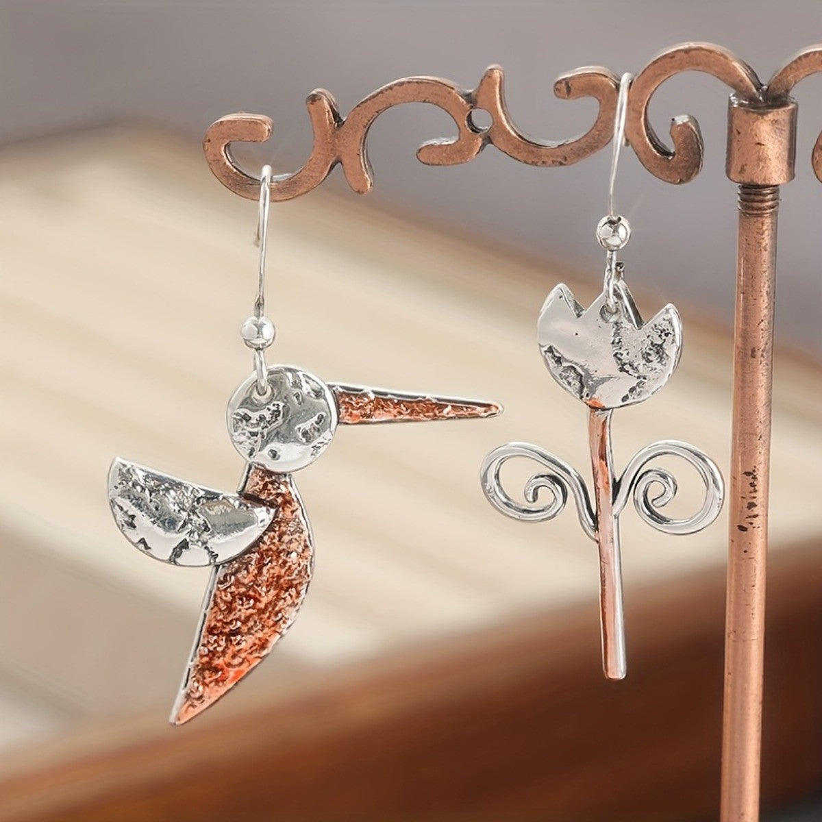 Asymmetric Hummingbird Flower Drop Earrings