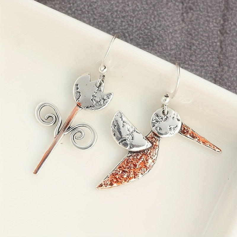 Asymmetric Hummingbird Flower Drop Earrings