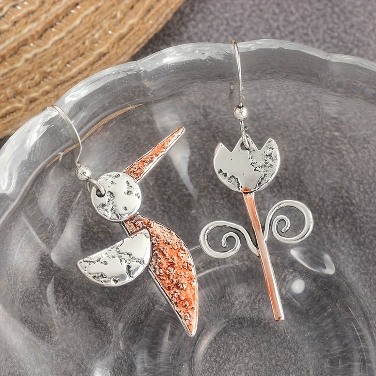 Asymmetric Hummingbird Flower Drop Earrings