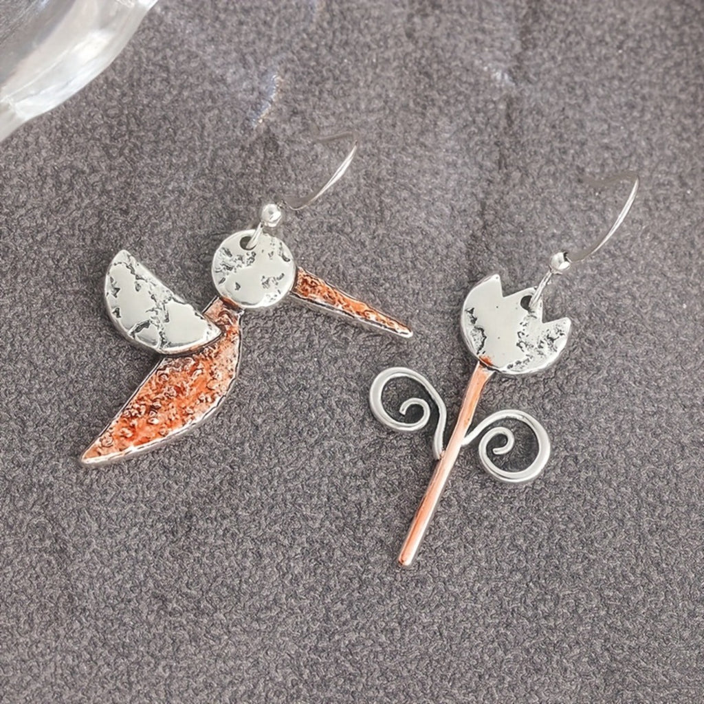 Asymmetric Hummingbird Flower Drop Earrings