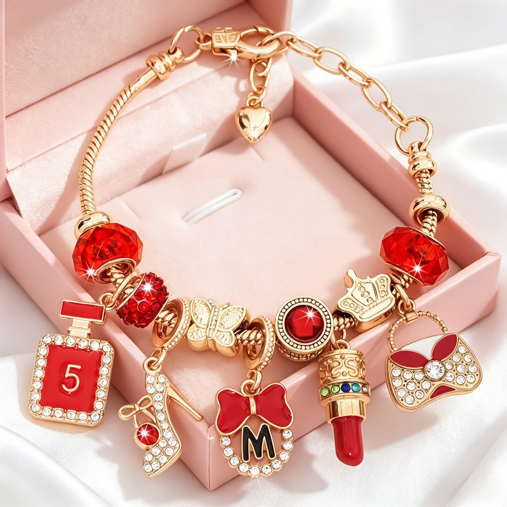 Adjustable Charm Bracelet with Bow and Crown