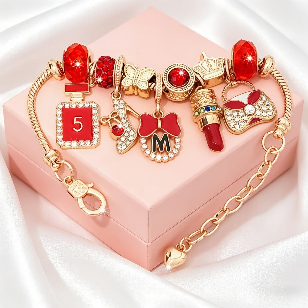 Adjustable Charm Bracelet with Bow and Crown