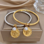 18k Angel Coin Pearl Bangle Bracelet