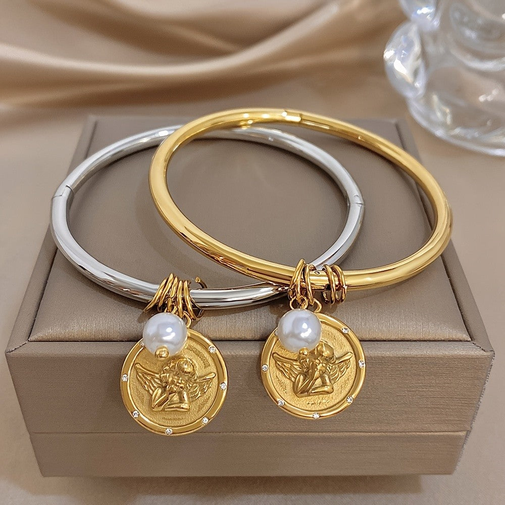 18k Angel Coin Pearl Bangle Bracelet