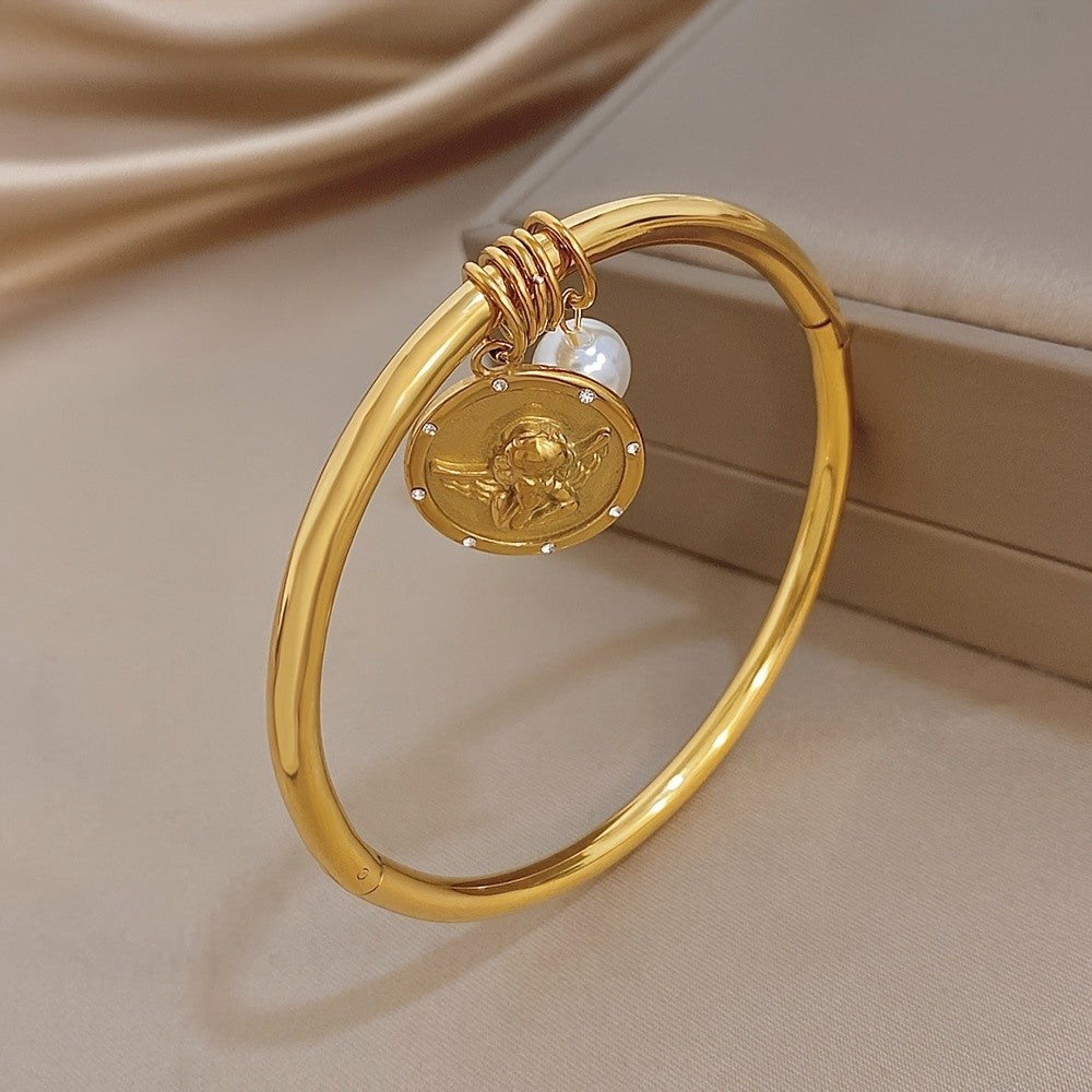 18k Angel Coin Pearl Bangle Bracelet