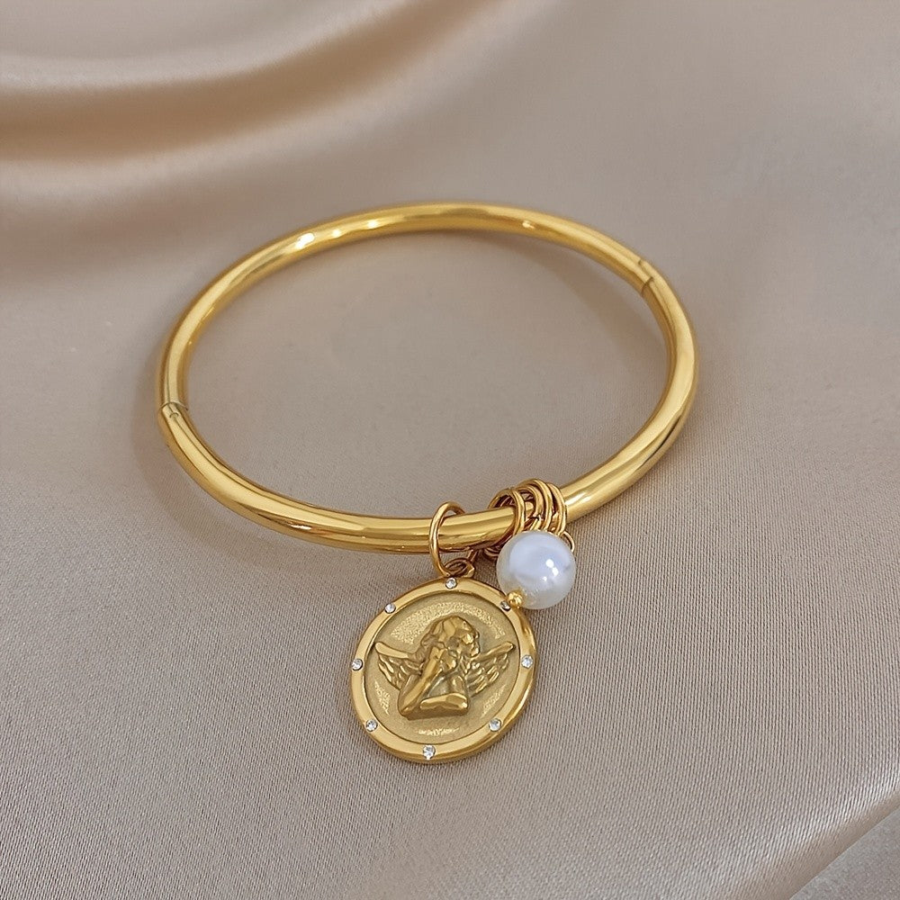 18k Angel Coin Pearl Bangle Bracelet