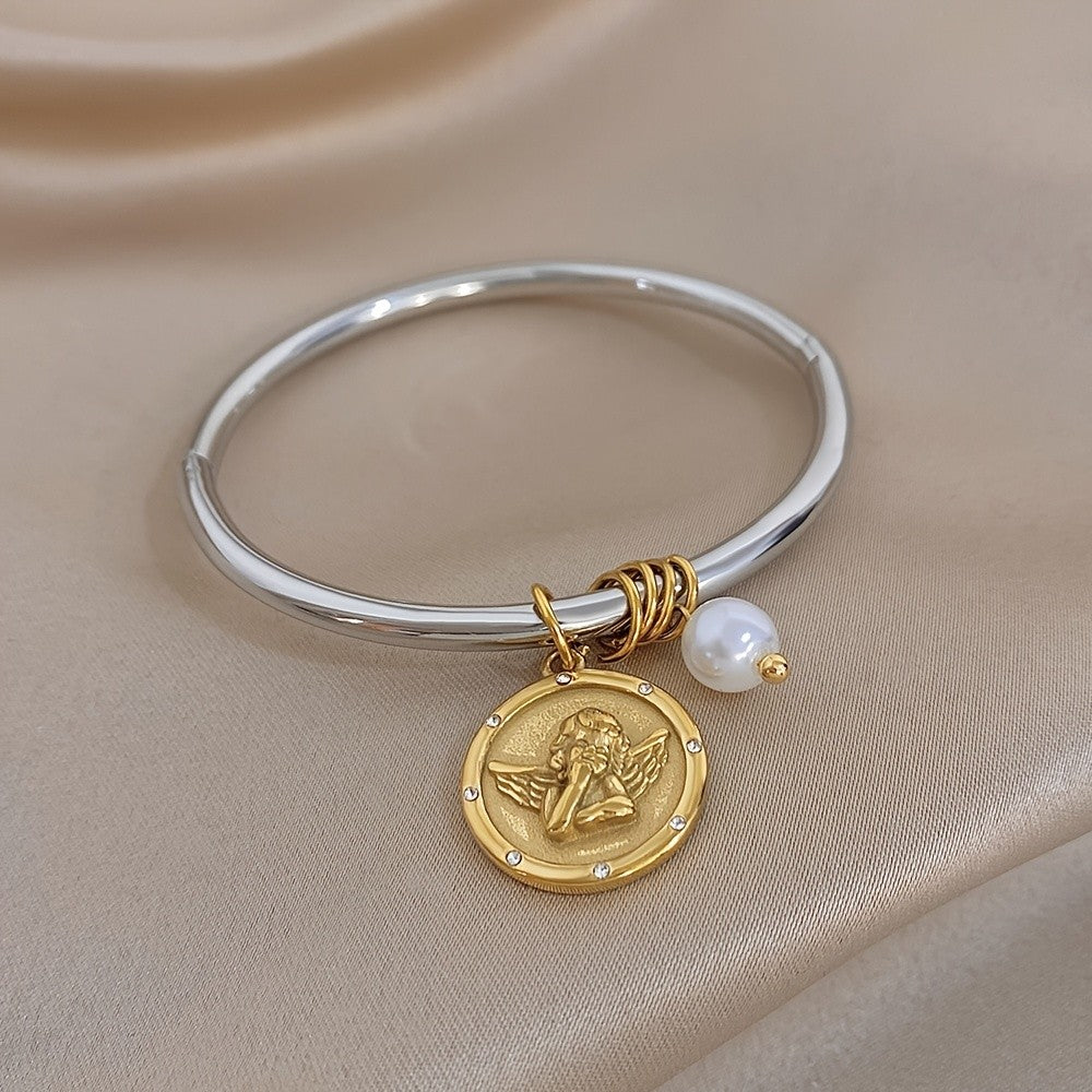 18k Angel Coin Pearl Bangle Bracelet