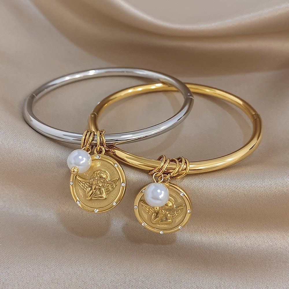 18k Angel Coin Pearl Bangle Bracelet
