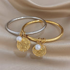 18k Angel Coin Pearl Bangle Bracelet