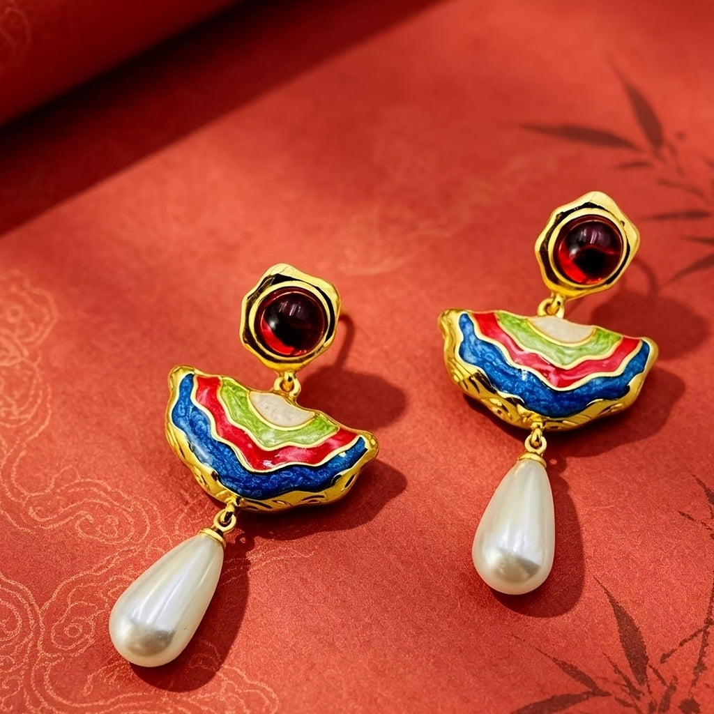 18k Asymmetric Enamel Pearl Drop Earrings