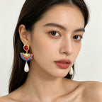 18k Asymmetric Enamel Pearl Drop Earrings