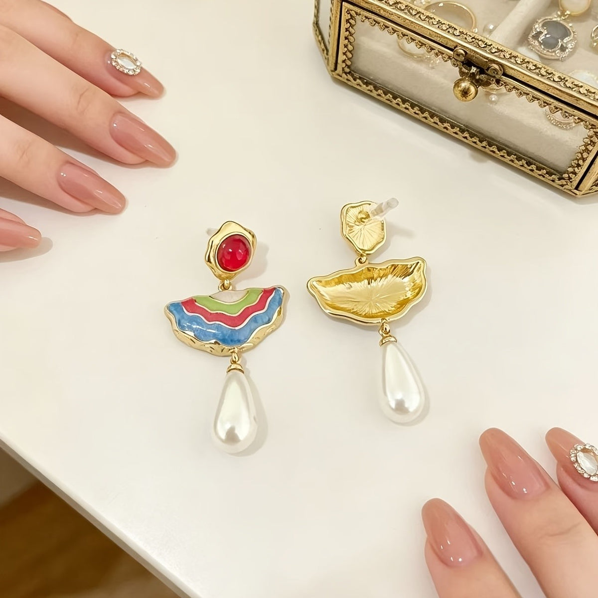 18k Asymmetric Enamel Pearl Drop Earrings