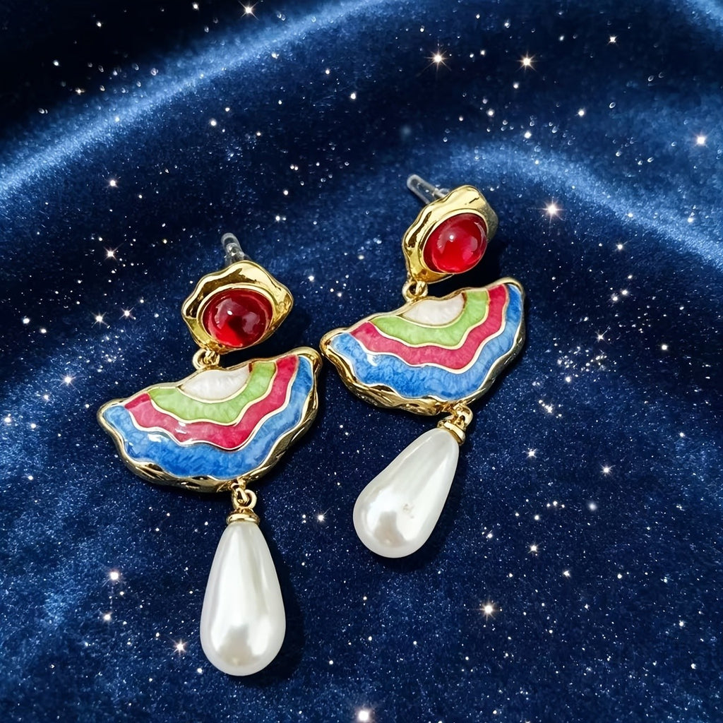 18k Asymmetric Enamel Pearl Drop Earrings