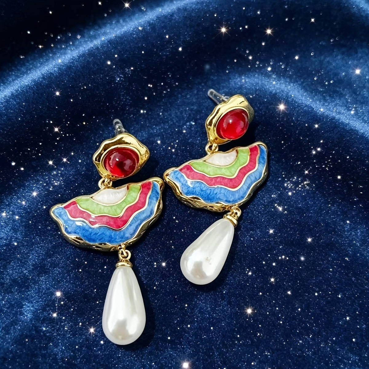 18k Asymmetric Enamel Pearl Drop Earrings