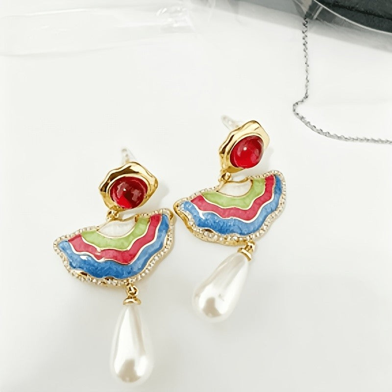 18k Asymmetric Enamel Pearl Drop Earrings