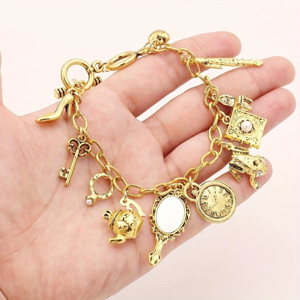 Vintage Charm Bracelet with Mirror and Clock