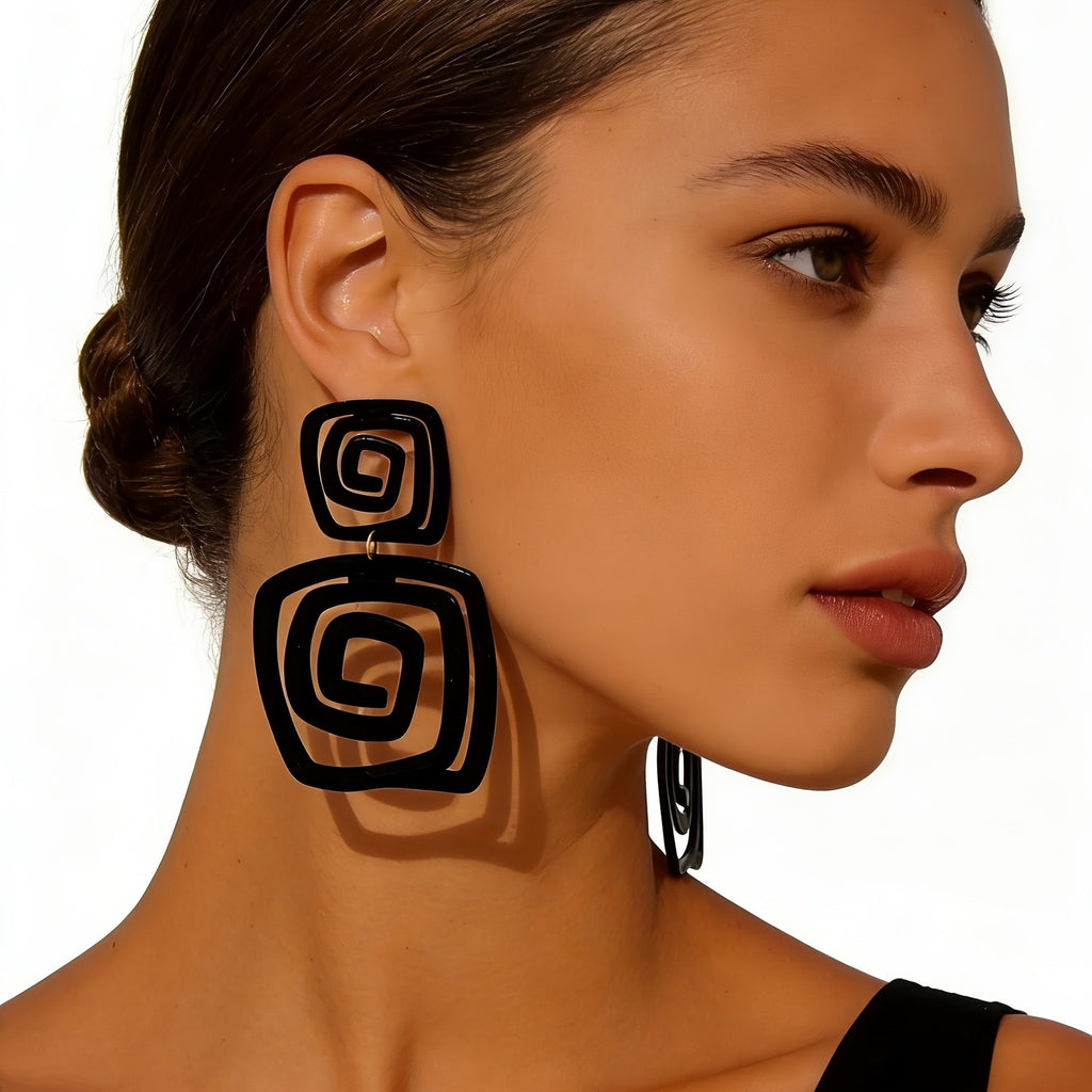 Vintage Black Geometric Spiral Earrings