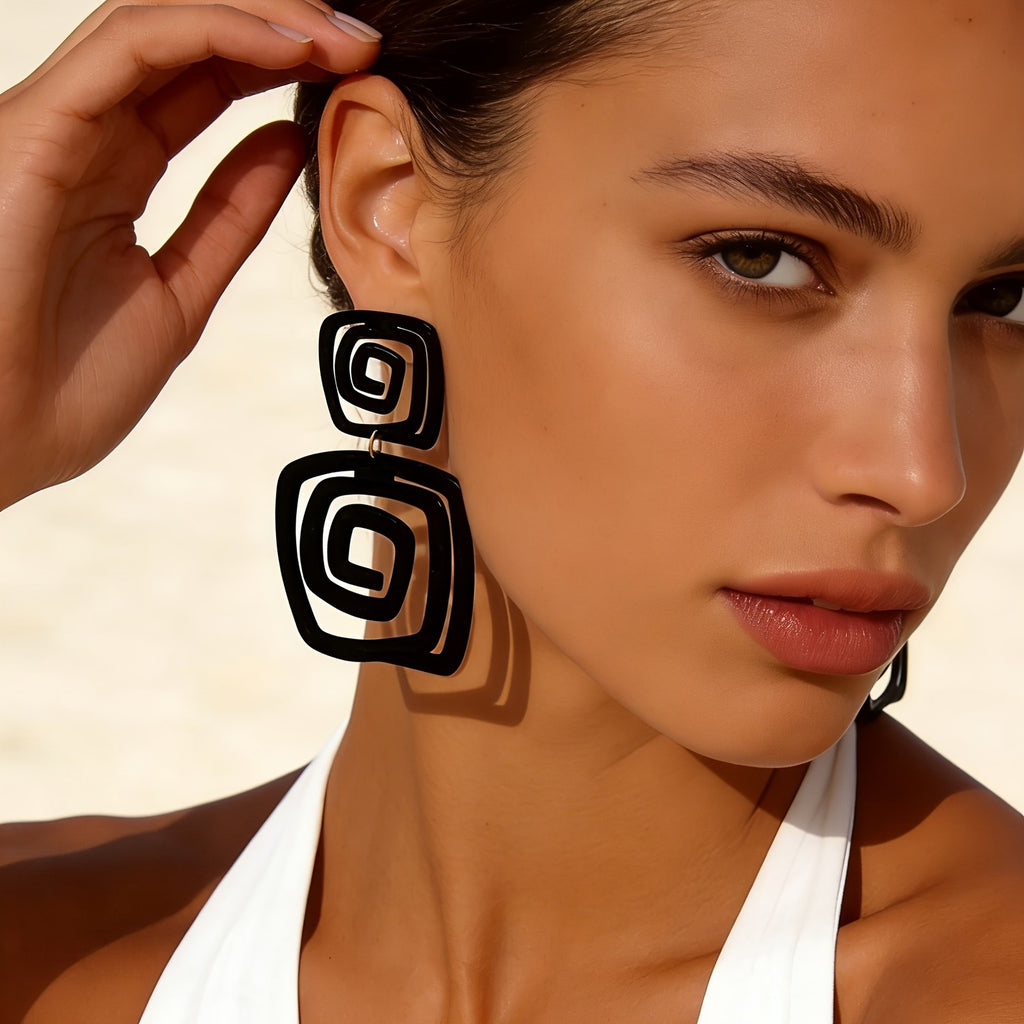 Vintage Black Geometric Spiral Earrings