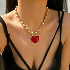 Vintage Red Heart Beaded Necklace