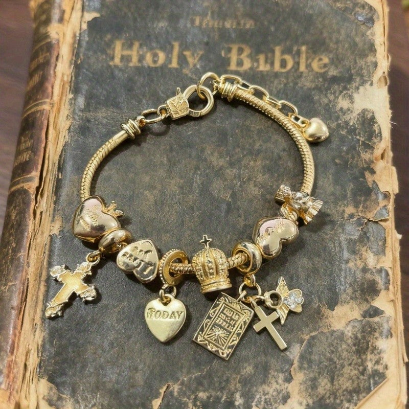 Gold Cross Crown Charm Bracelet