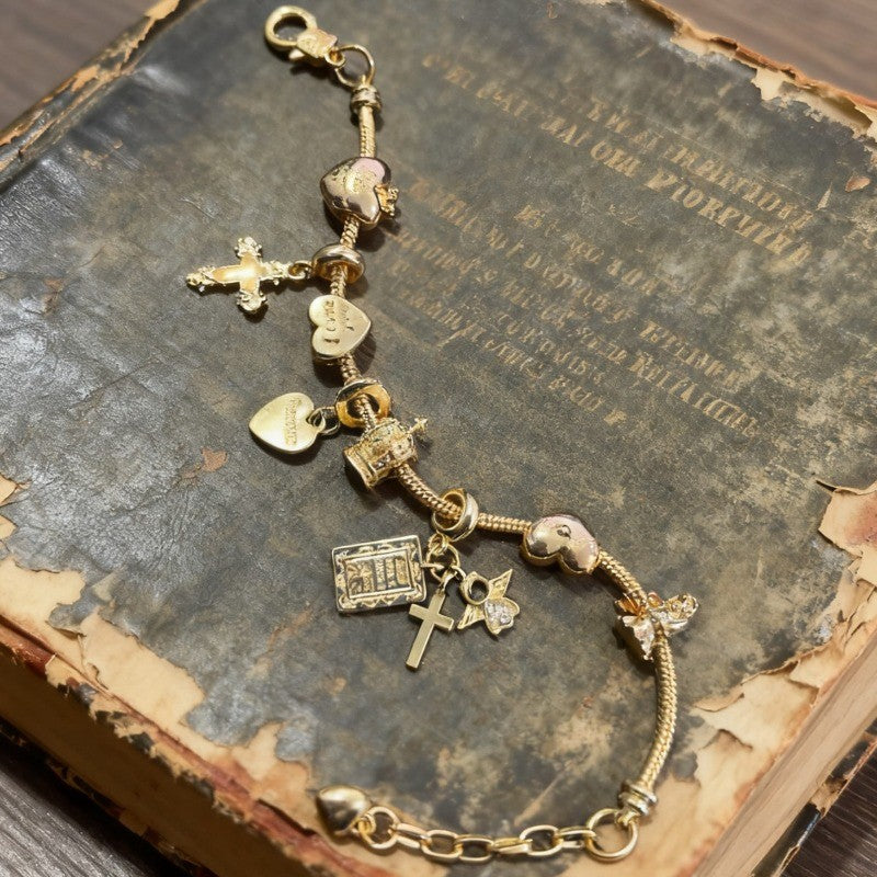 Gold Cross Crown Charm Bracelet