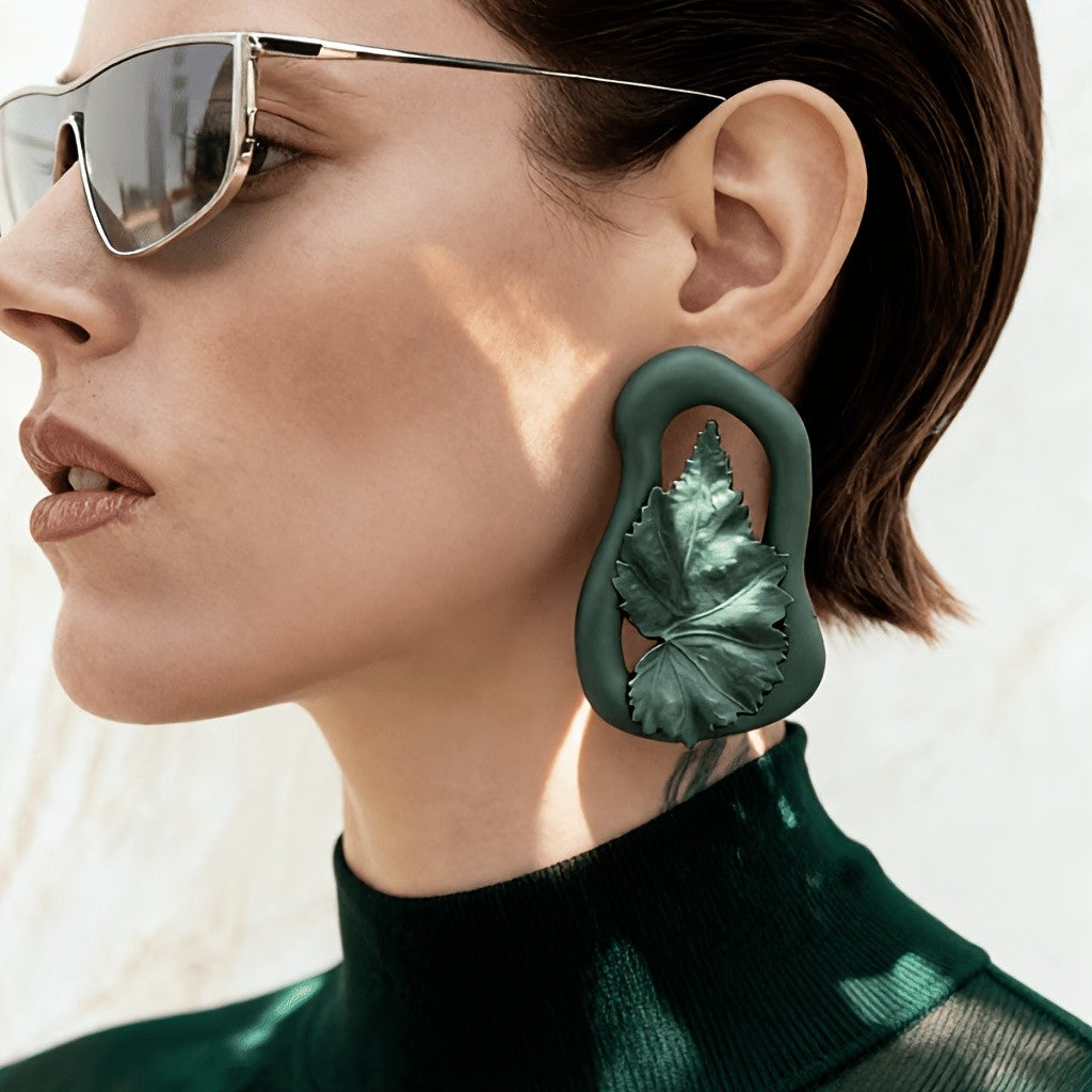 Asymmetric Olive Green Leaf Earrings