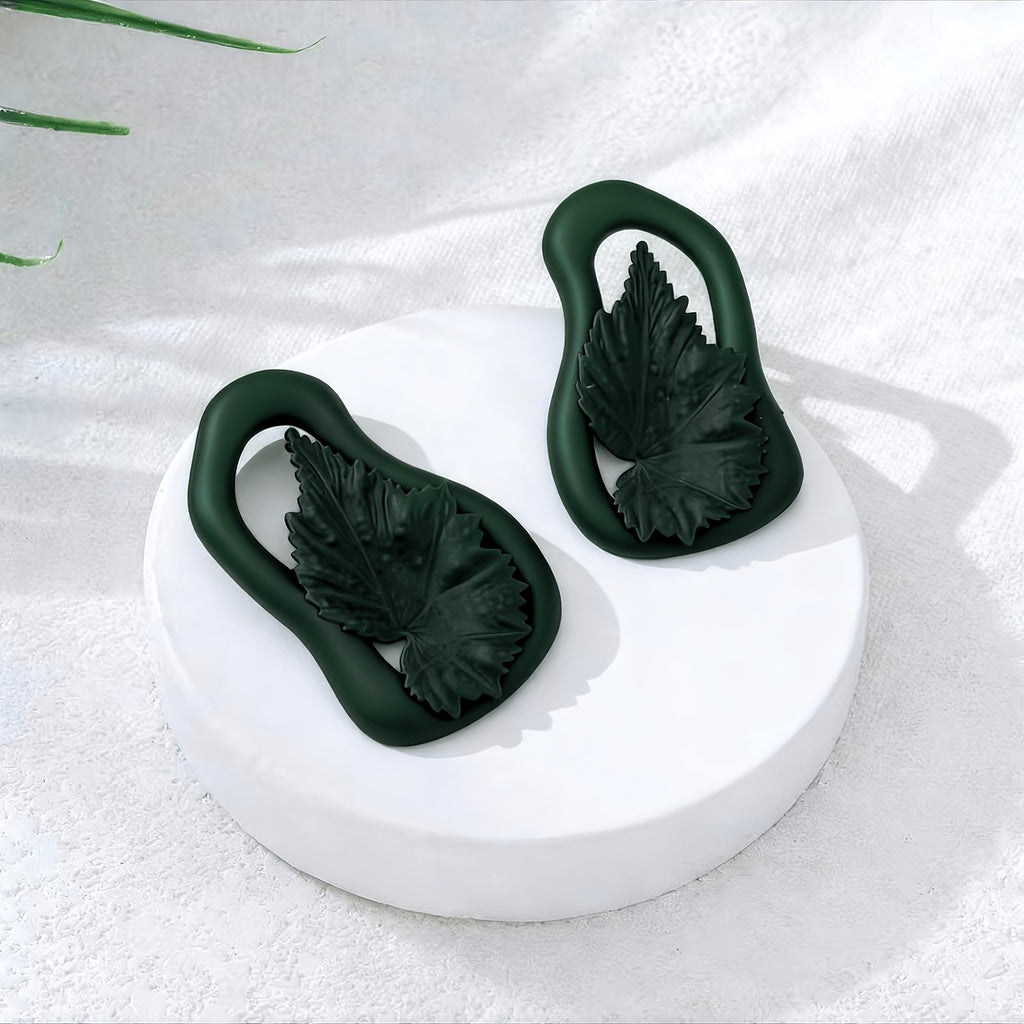 Asymmetric Olive Green Leaf Earrings