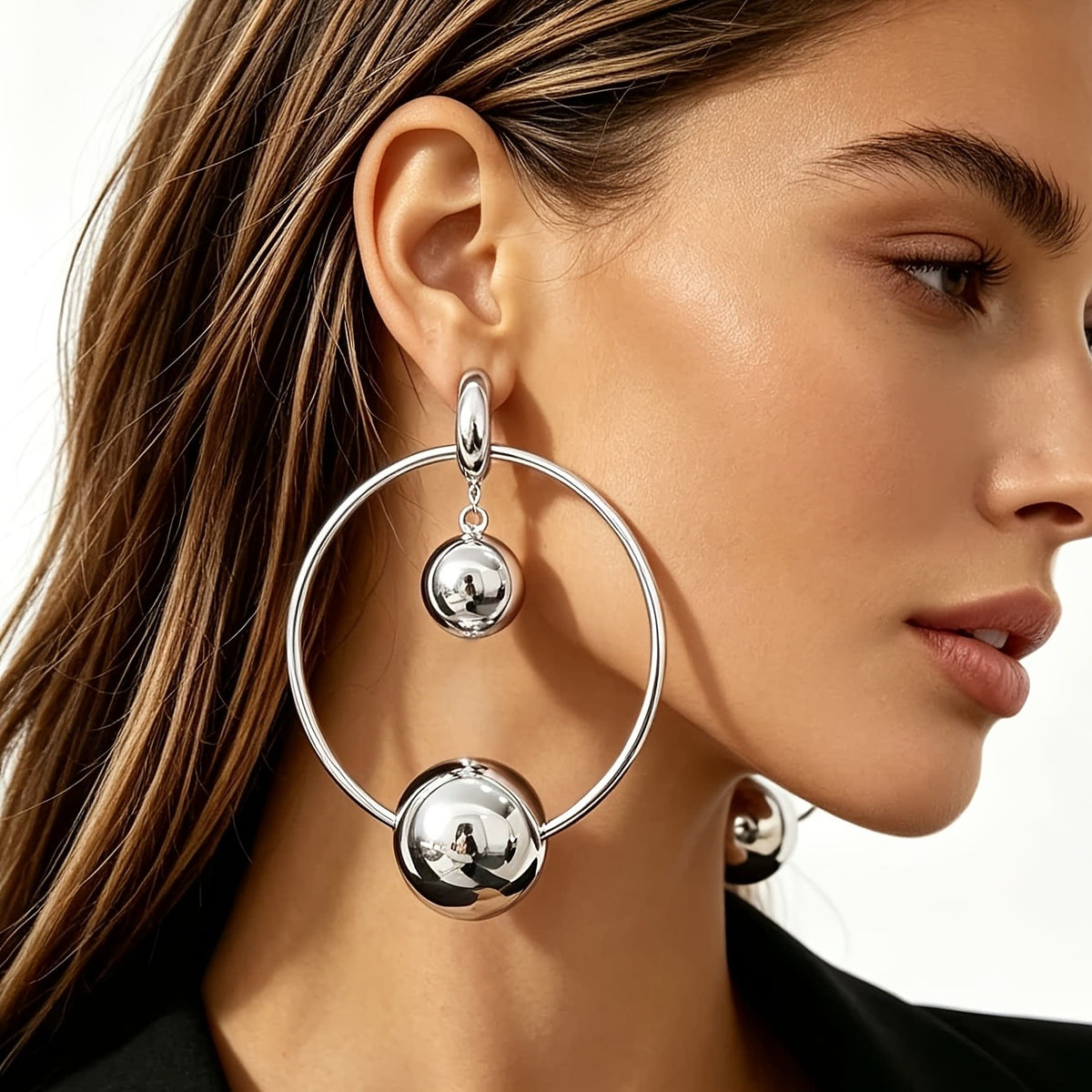 Geometric Hollow Hoop Double Sphere Earrings