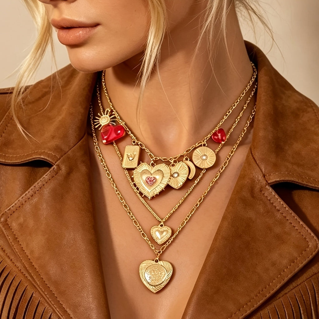 Multi-Layer Heart Sun Charm Necklace
