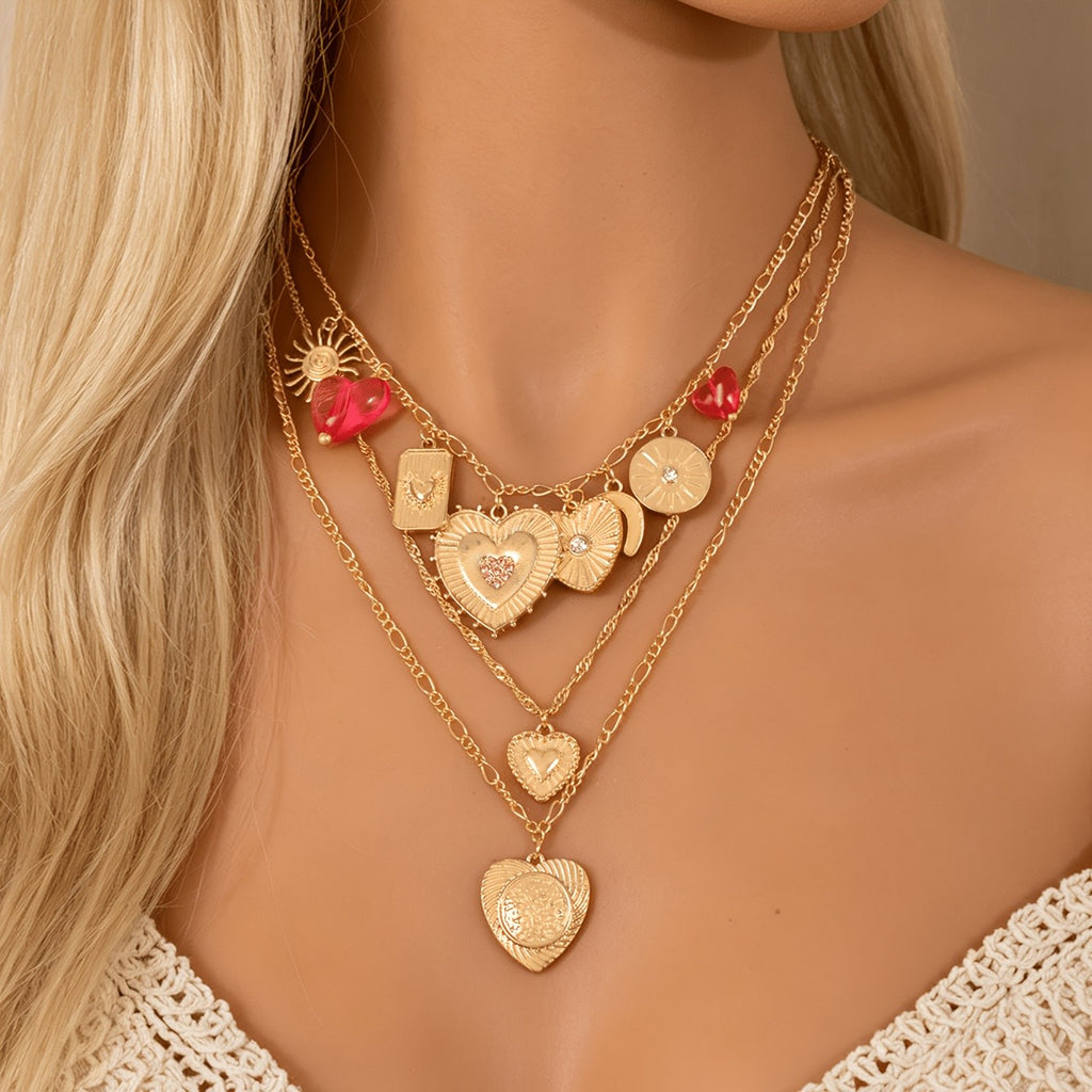 Multi-Layer Heart Sun Charm Necklace