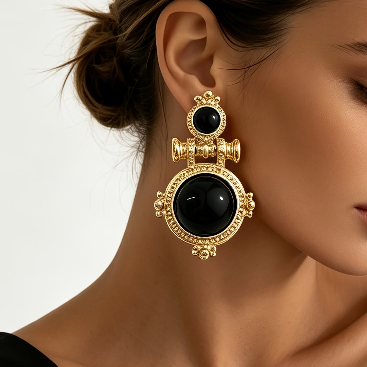 Vintage Round Black Stone Drop Earrings