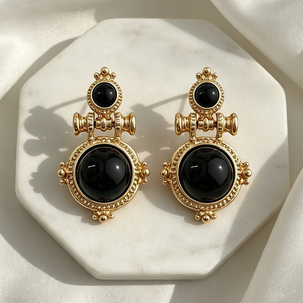 Vintage Round Black Stone Drop Earrings
