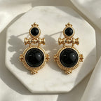 Vintage Round Black Stone Drop Earrings
