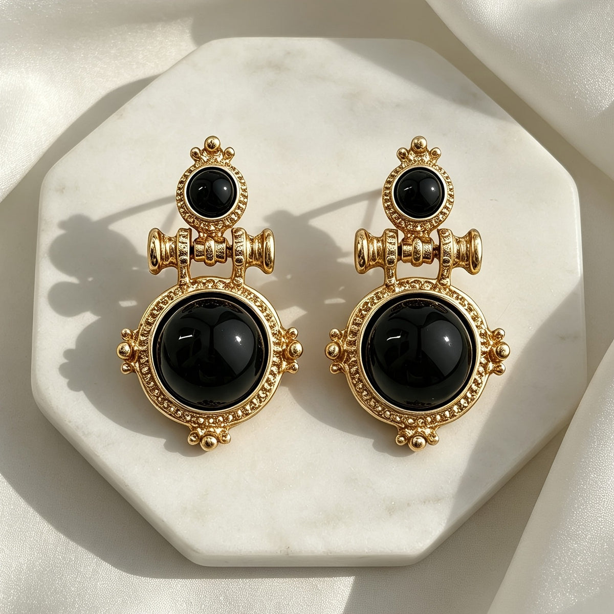 Vintage Round Black Stone Drop Earrings
