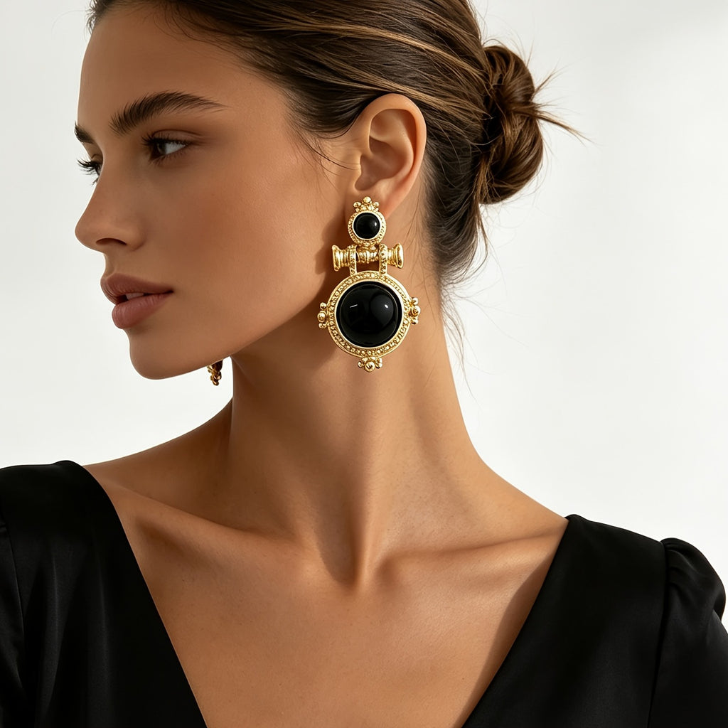 Vintage Round Black Stone Drop Earrings