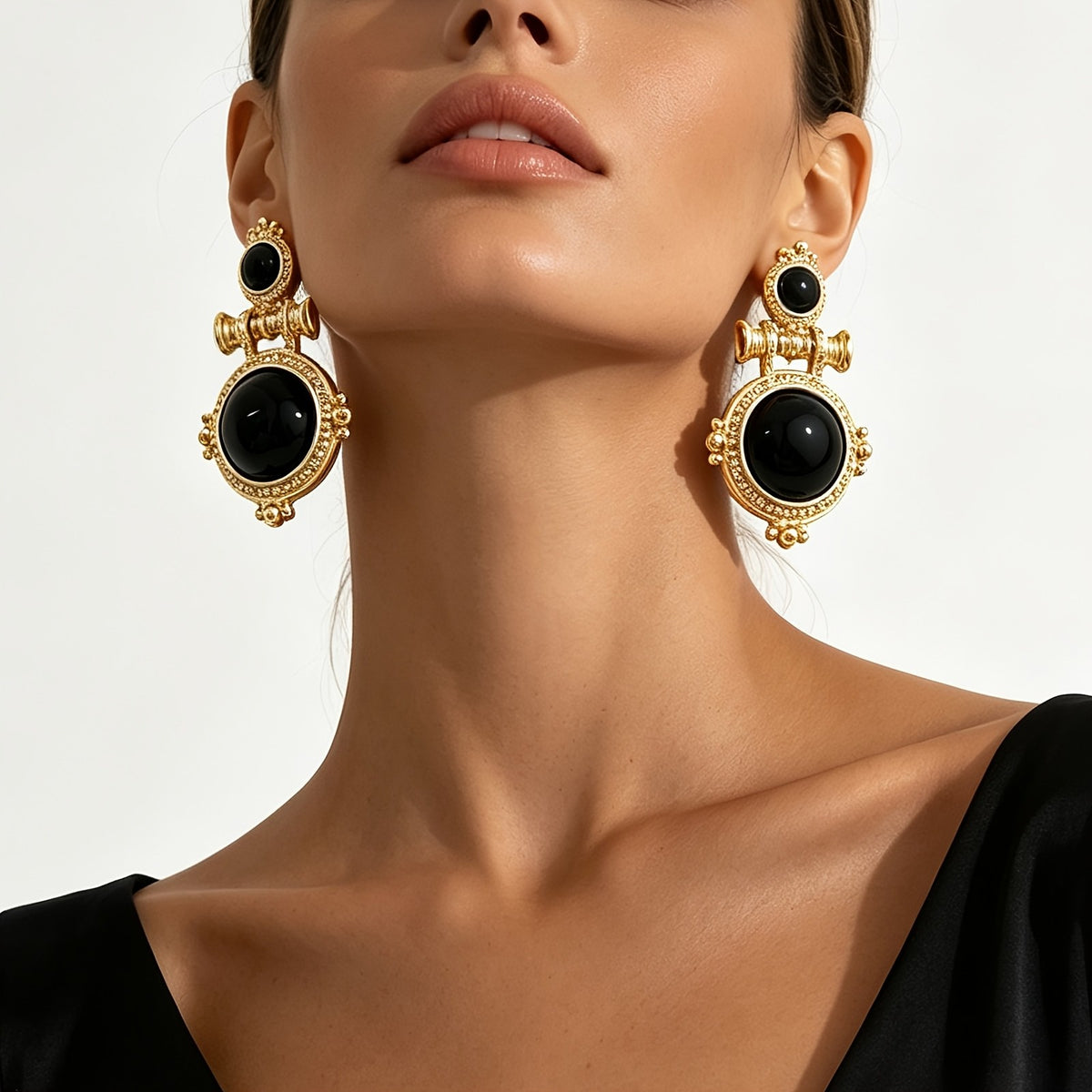 Vintage Round Black Stone Drop Earrings