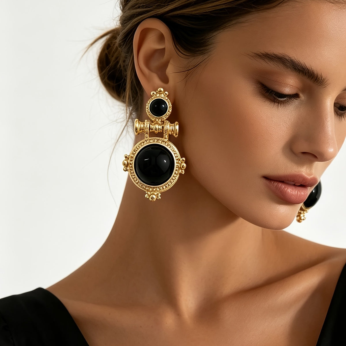 Vintage Round Black Stone Drop Earrings