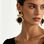 Vintage Round Black Stone Drop Earrings