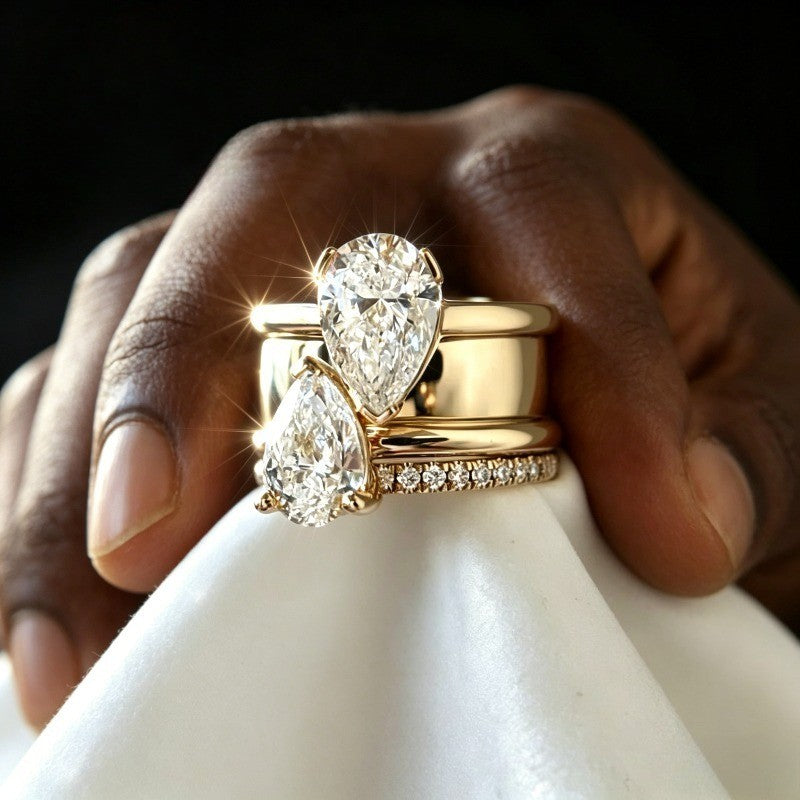 Retro Double Pear Stone Ring Set
