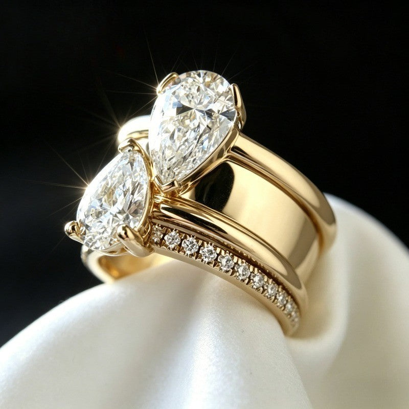 Retro Double Pear Stone Ring Set