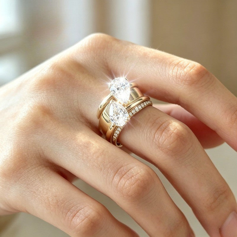 Retro Double Pear Stone Ring Set