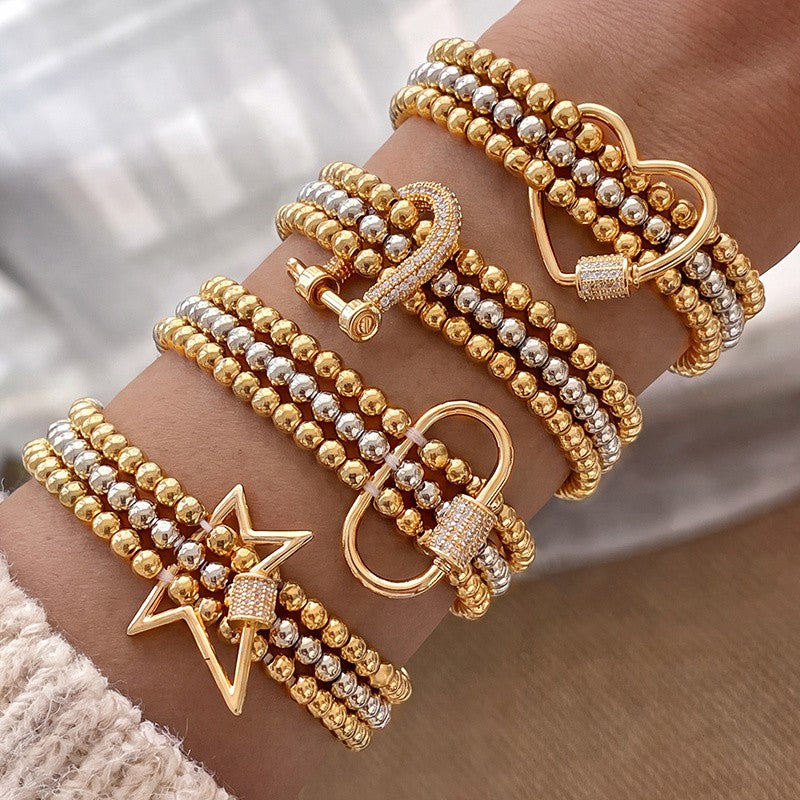 Two-Tone Beaded Charm Stretch Bracelet Set