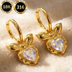 18k Bow Heart Stone Hoop Earrings