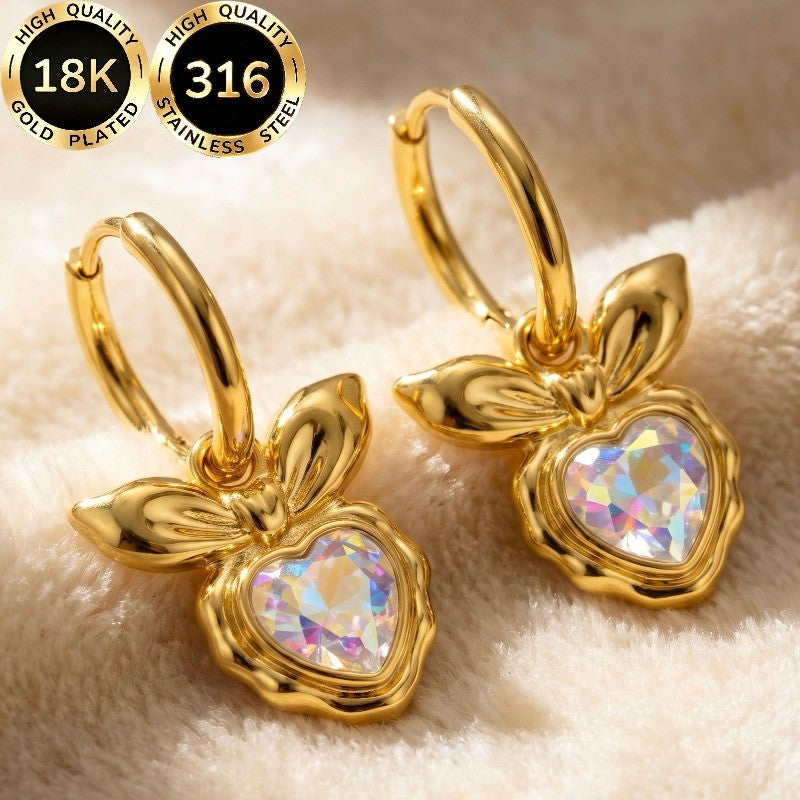 18k Bow Heart Stone Hoop Earrings