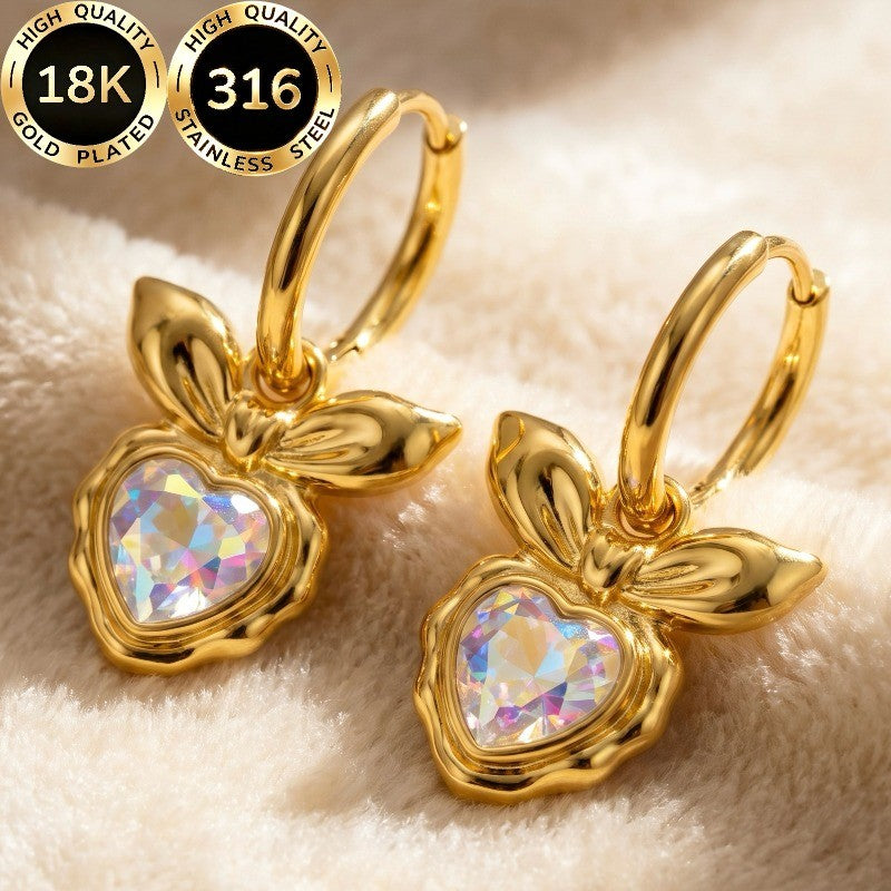18k Bow Heart Stone Hoop Earrings