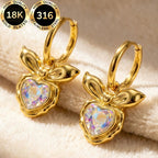 18k Bow Heart Stone Hoop Earrings