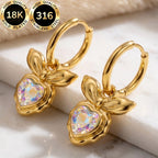 18k Bow Heart Stone Hoop Earrings