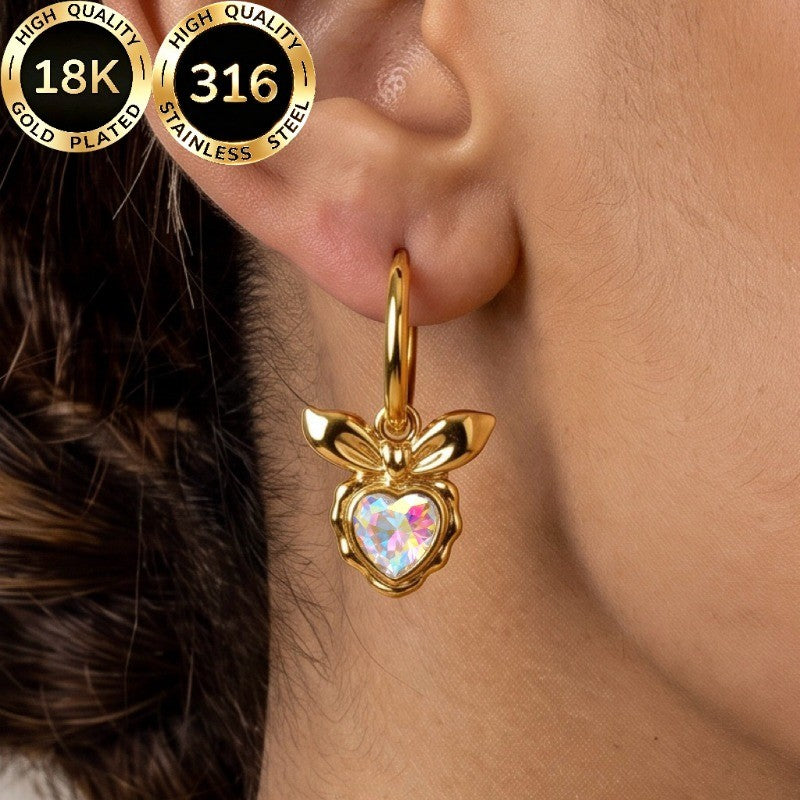 18k Bow Heart Stone Hoop Earrings